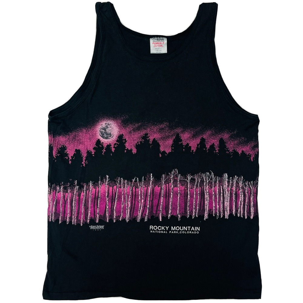 1989 Rocky Mountain National Park Pink Forest Moon Vintage Tank Top Mens Large